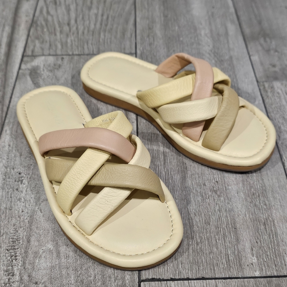 MADEWELL Women 7M Leeandra Puffy Woven Cream Pink Leather Slides Sandals